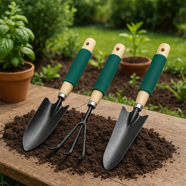 Gardening Tools - Hand Cultivator, Trowel, Heavy Duty with Ergonomic Wooden Handle for Transplanting and Digging (3 Pcs Set) - homeshop24.in - Best Price & Offers